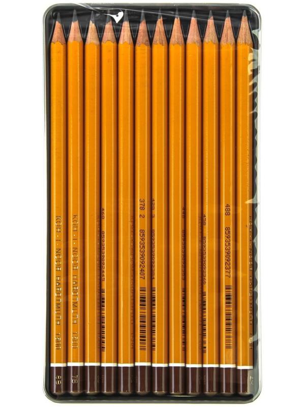 Набор карандашей чернографитных разной твердости 12 штук Koh-i-Noor 1502/II, 8B-2H, в металлическом пенале