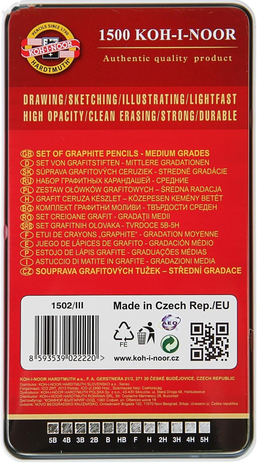 Набор карандашей чернографитных разной твердости 12 штук Koh-i-Noor 1502/III, 5B-5H, в металлическом пенале