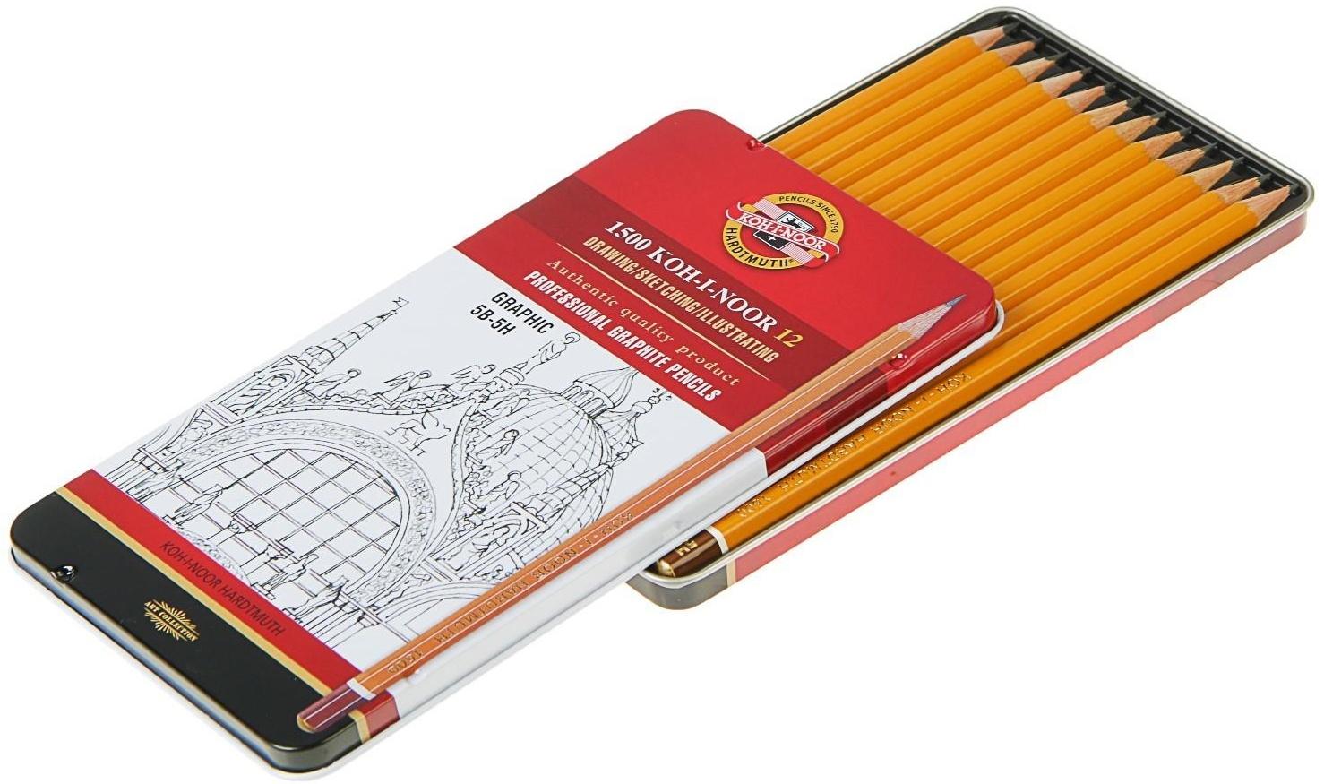 Набор карандашей чернографитных разной твердости 12 штук Koh-i-Noor 1502/III, 5B-5H, в металлическом пенале