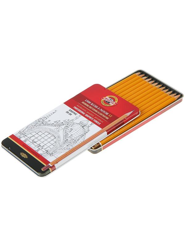 Набор карандашей чернографитных разной твердости 12 штук Koh-i-Noor 1502/III, 5B-5H, в металлическом пенале