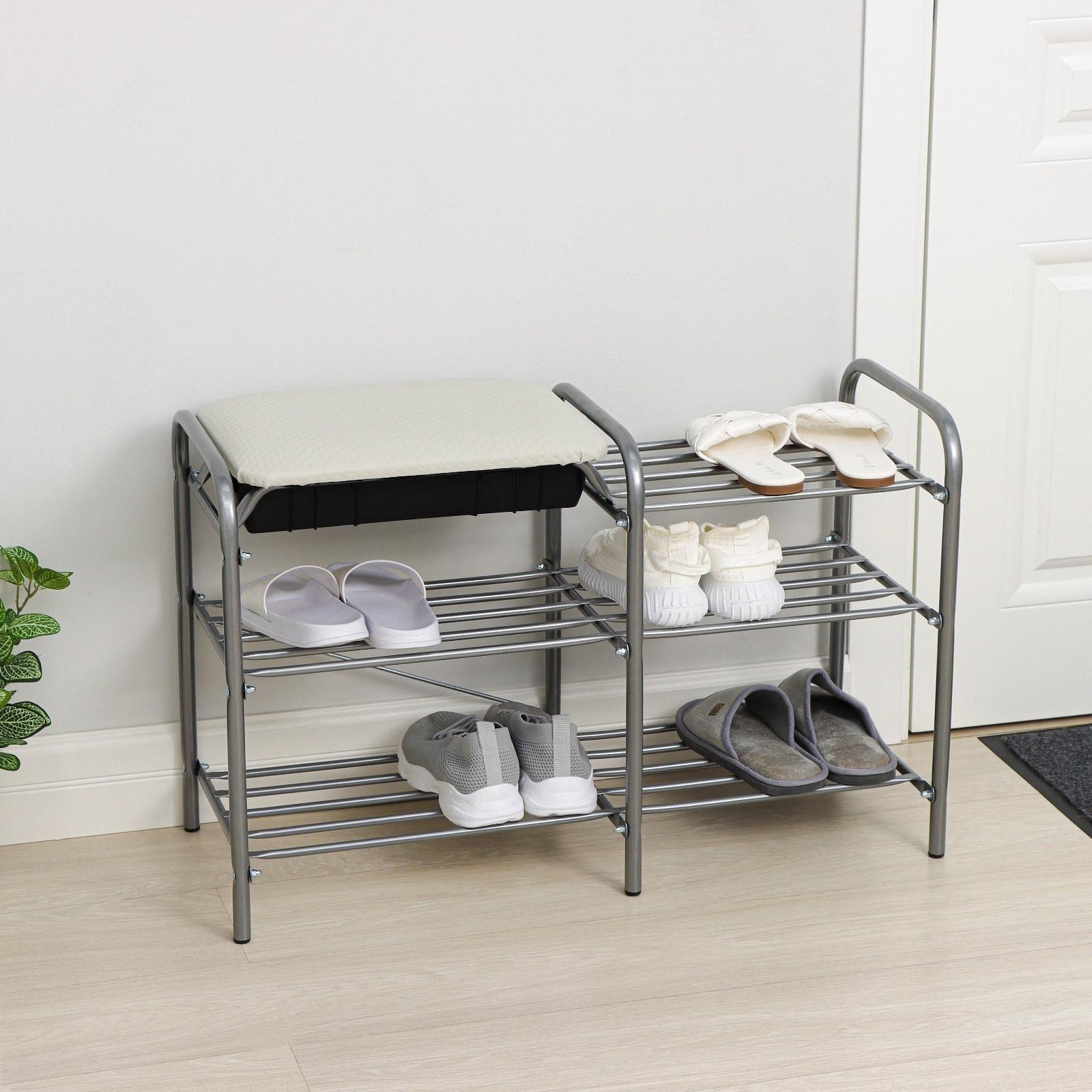 Этажерка для обуви с сиденьем и ящиком «Люкс», 3 яруса, 79×33×50 см, цвет серый