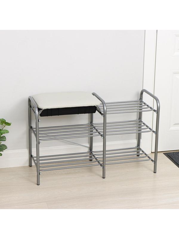 Этажерка для обуви с сиденьем и ящиком «Люкс», 3 яруса, 79×33×50 см, цвет серый