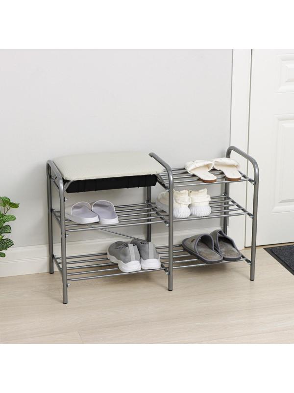 Этажерка для обуви с сиденьем и ящиком «Люкс», 3 яруса, 79×33×50 см, цвет серый