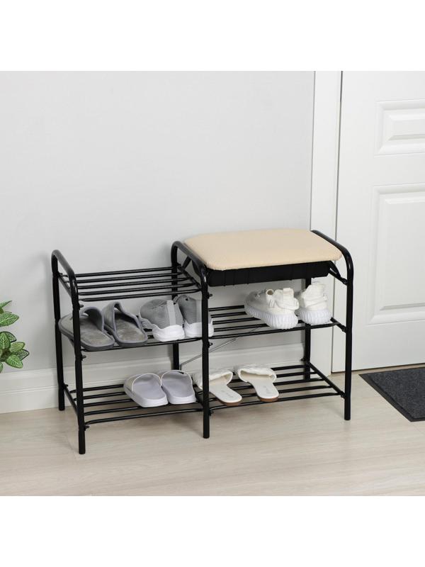 Этажерка для обуви с сиденьем и ящиком «Люкс», 3 яруса, 79×33×50 см, цвет слоновая кость/чёрный