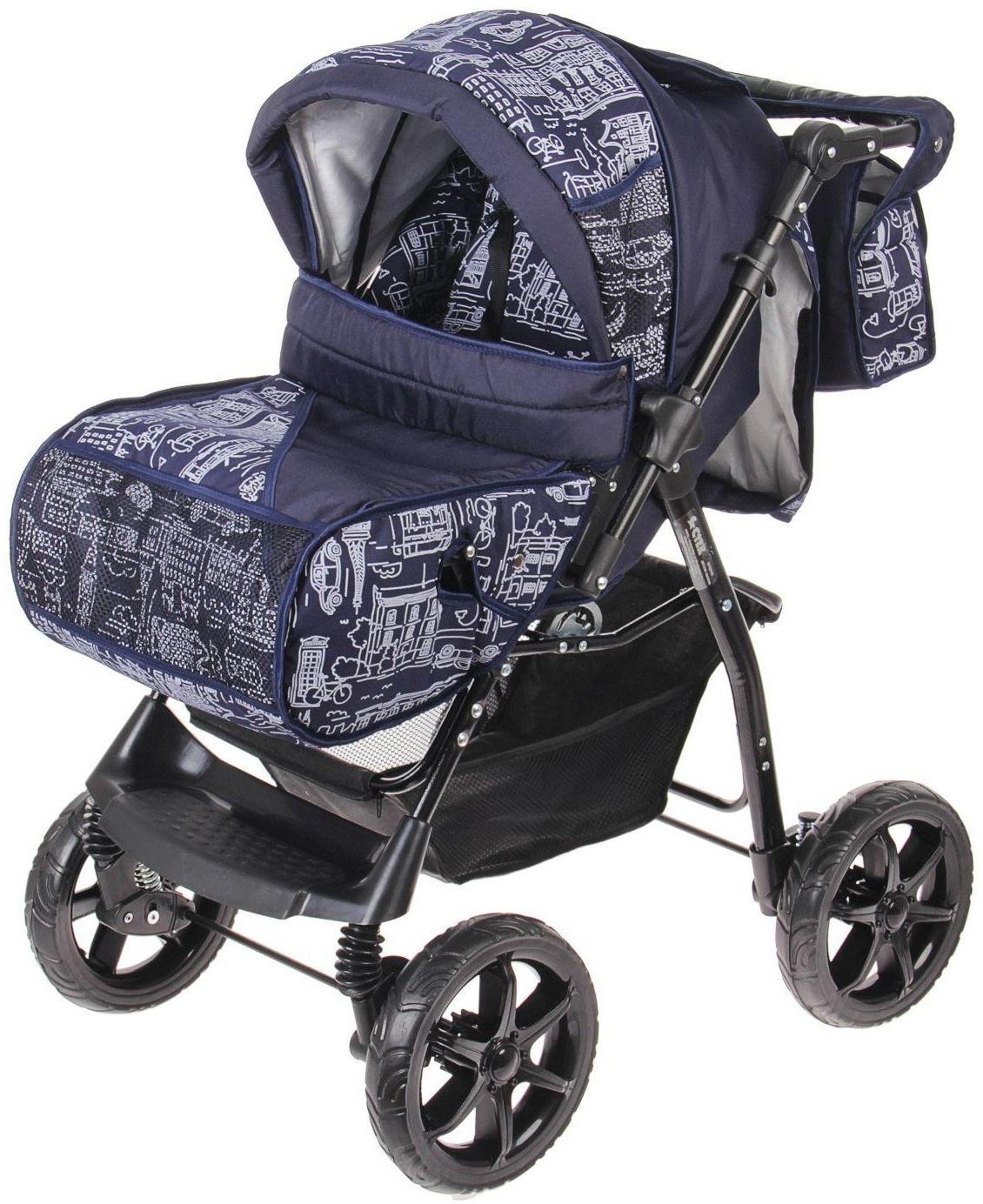 Коляска-трансформер «Гном», пластиковые колёса, оттенки синего, рисунок МИКС