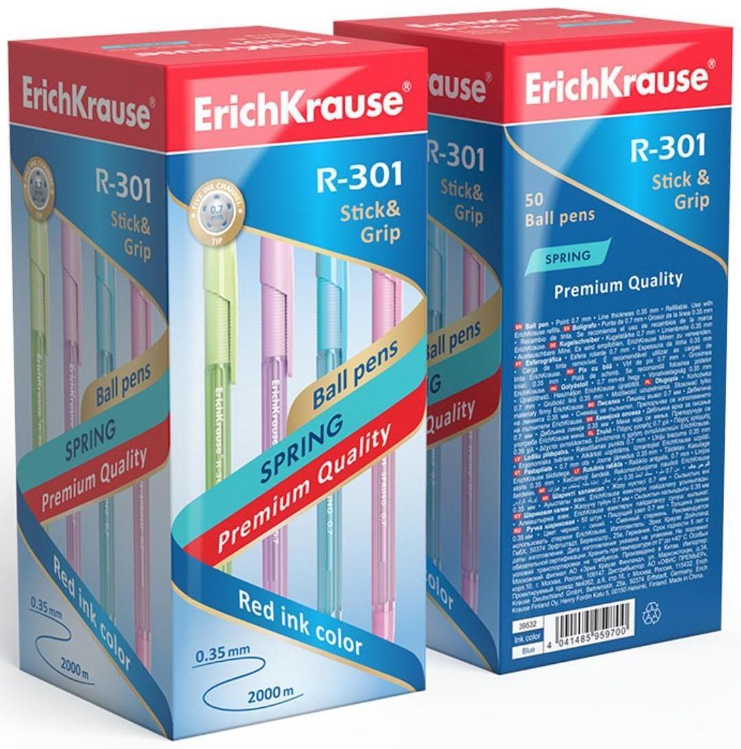 Ручка шариковая Erich Krause R-301 Spring Stick & Grip, узел 0.7 мм, стержень синий, резиновый упор, длина линии письма 2000 метров, микс