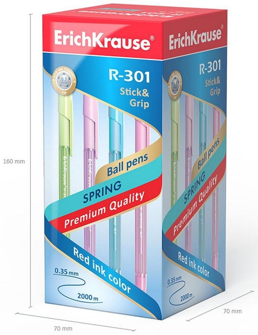 Ручка шариковая Erich Krause R-301 Spring Stick & Grip, узел 0.7 мм, стержень синий, резиновый упор, длина линии письма 2000 метров, микс