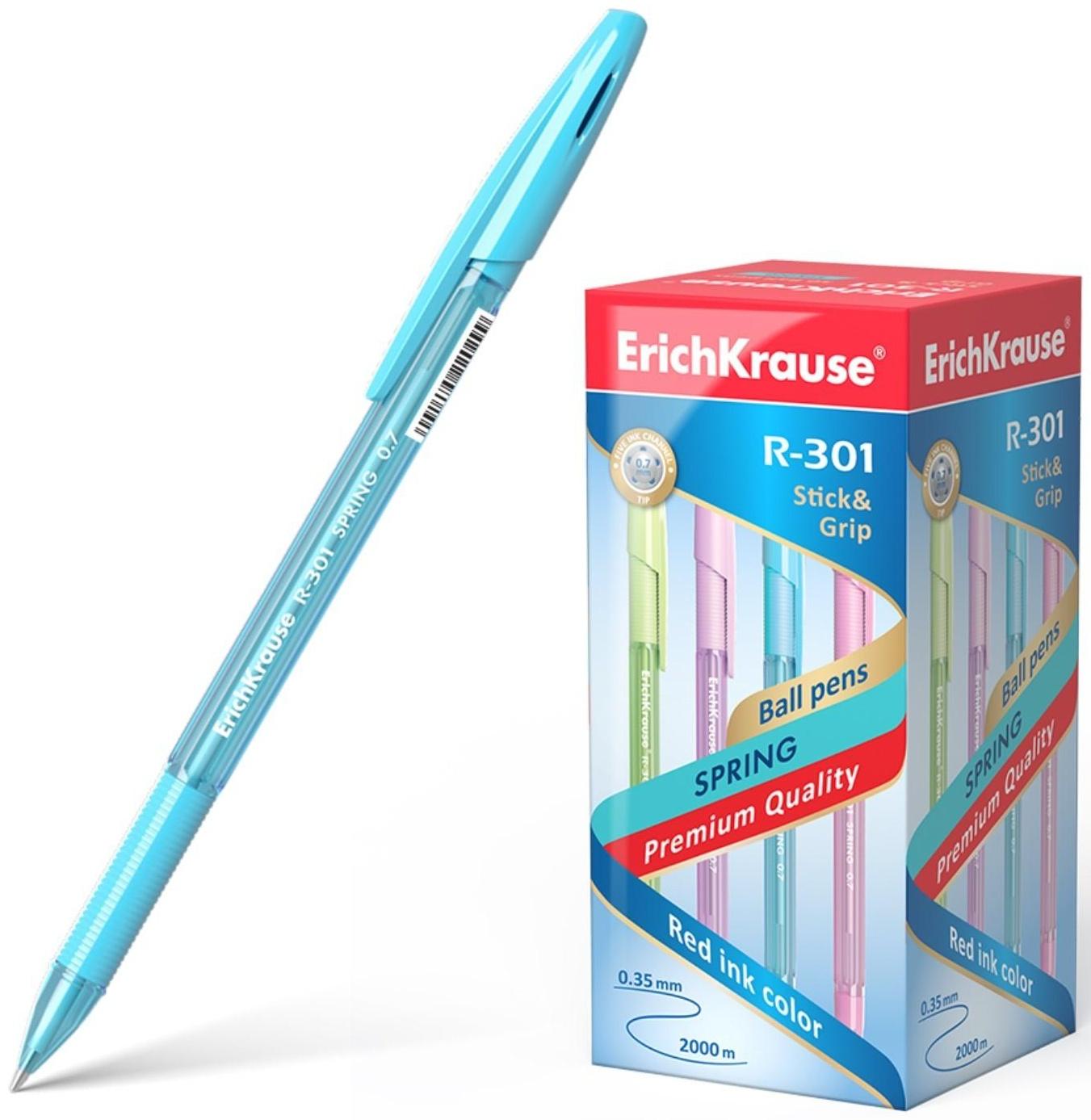 Ручка шариковая Erich Krause R-301 Spring Stick & Grip, узел 0.7 мм, стержень синий, резиновый упор, длина линии письма 2000 метров, микс