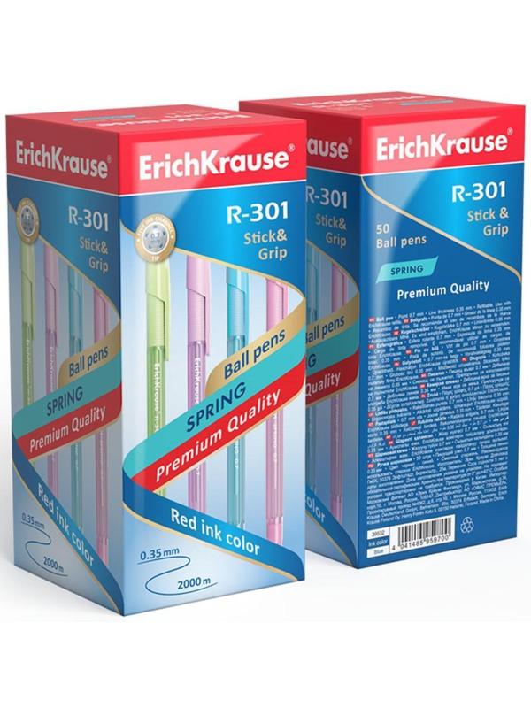 Ручка шариковая Erich Krause R-301 Spring Stick & Grip, узел 0.7 мм, стержень синий, резиновый упор, длина линии письма 2000 метров, микс