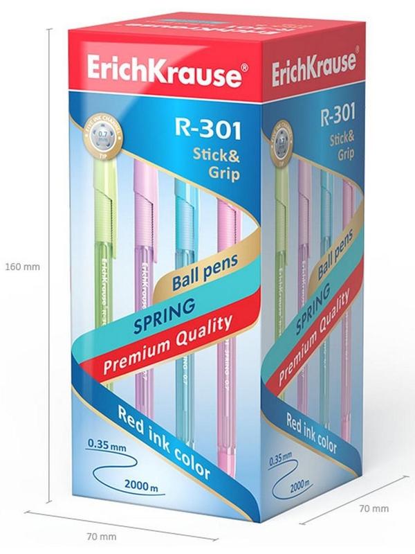 Ручка шариковая Erich Krause R-301 Spring Stick & Grip, узел 0.7 мм, стержень синий, резиновый упор, длина линии письма 2000 метров, микс