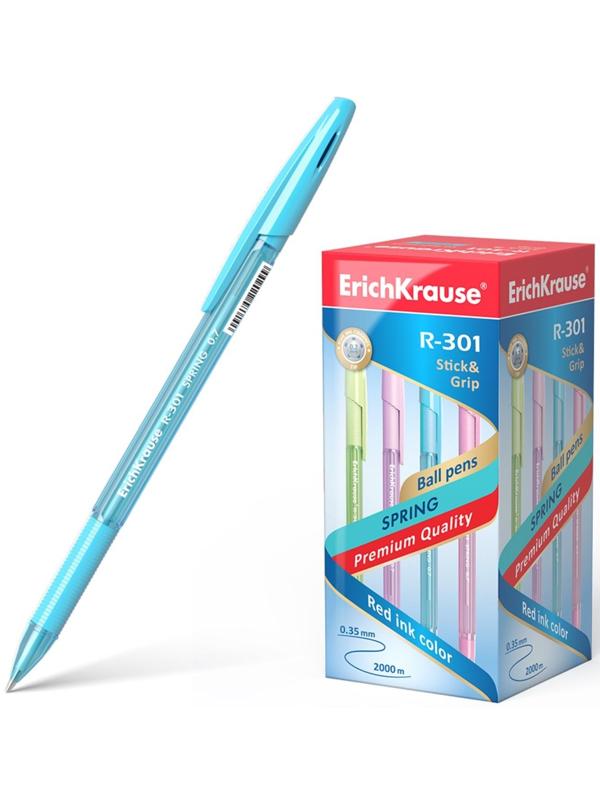 Ручка шариковая Erich Krause R-301 Spring Stick & Grip, узел 0.7 мм, стержень синий, резиновый упор, длина линии письма 2000 метров, микс