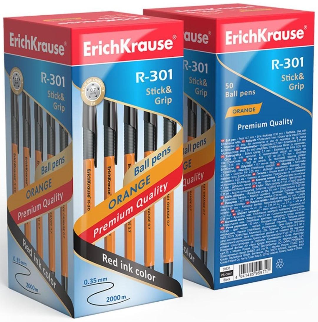 Ручка шариковая ErichKrause R-301 Orange Stick & Grip, узел 0.7 мм, стержень чёрный, резиновый упор, длина линии письма 1000 метров