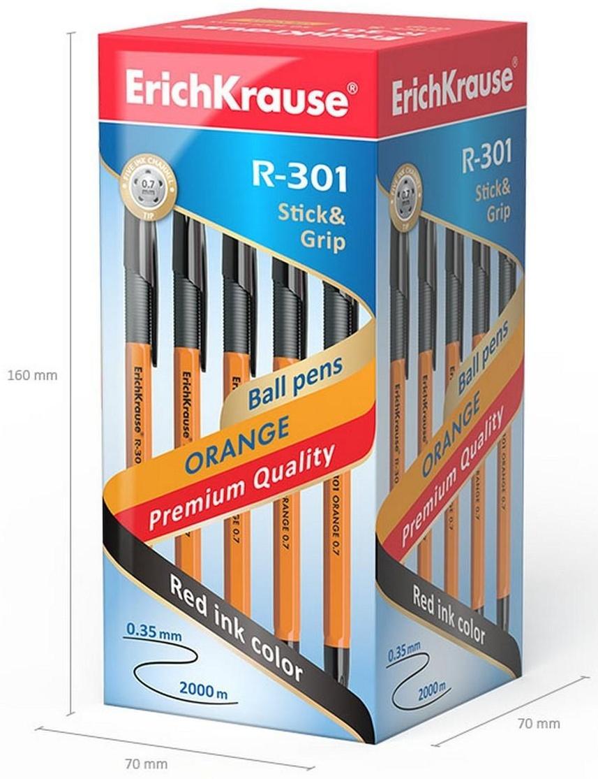 Ручка шариковая ErichKrause R-301 Orange Stick & Grip, узел 0.7 мм, стержень чёрный, резиновый упор, длина линии письма 1000 метров