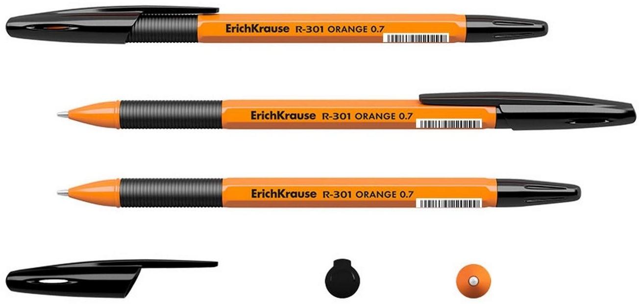 Ручка шариковая ErichKrause R-301 Orange Stick & Grip, узел 0.7 мм, стержень чёрный, резиновый упор, длина линии письма 1000 метров