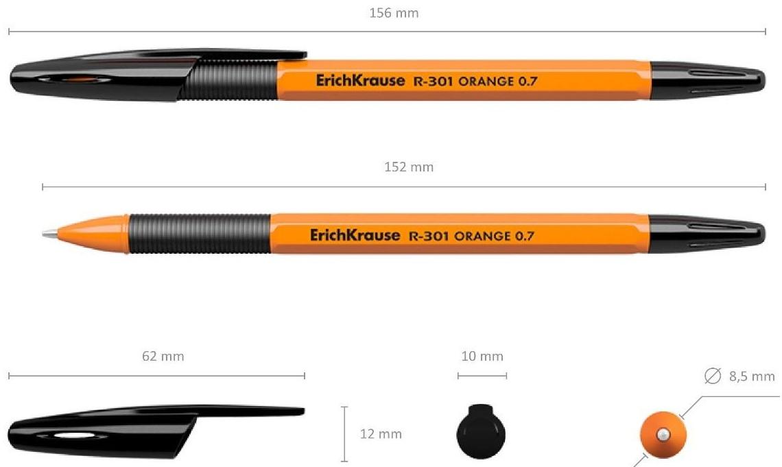 Ручка шариковая ErichKrause R-301 Orange Stick & Grip, узел 0.7 мм, стержень чёрный, резиновый упор, длина линии письма 1000 метров
