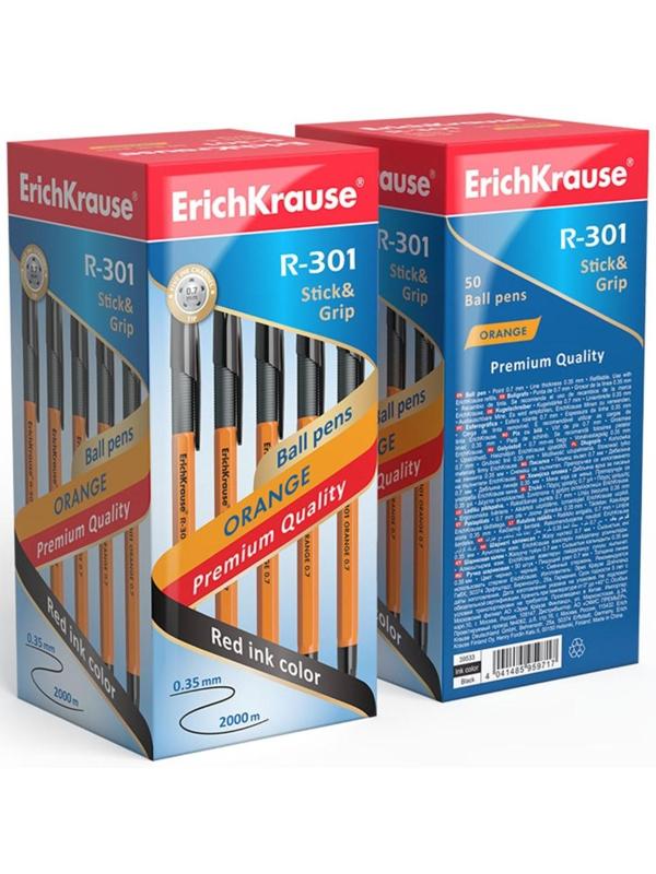Ручка шариковая ErichKrause R-301 Orange Stick & Grip, узел 0.7 мм, стержень чёрный, резиновый упор, длина линии письма 1000 метров