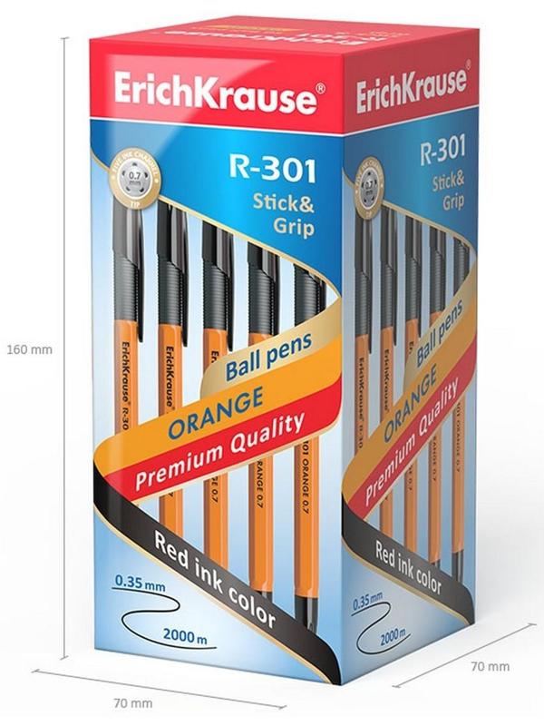 Ручка шариковая ErichKrause R-301 Orange Stick & Grip, узел 0.7 мм, стержень чёрный, резиновый упор, длина линии письма 1000 метров