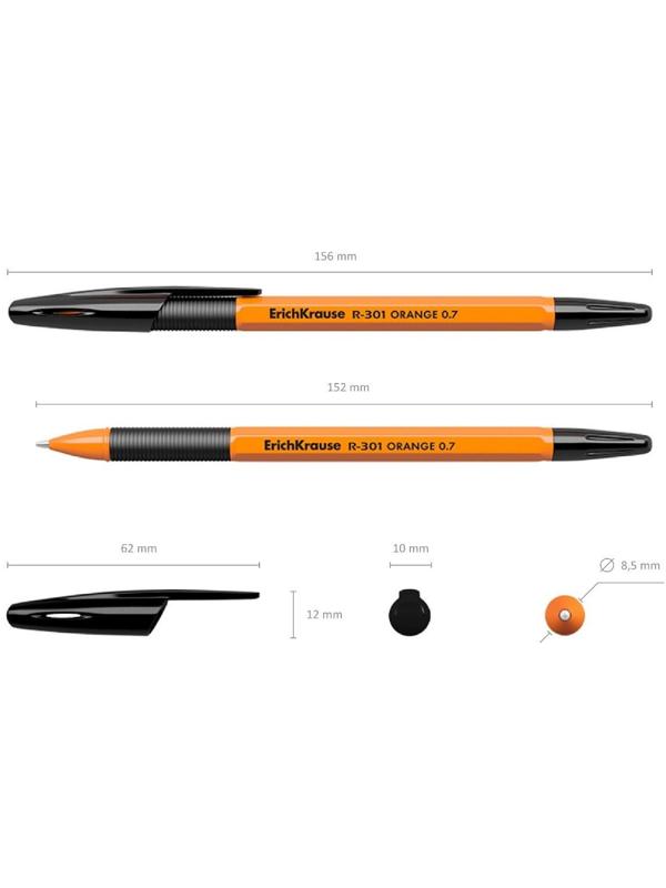 Ручка шариковая ErichKrause R-301 Orange Stick & Grip, узел 0.7 мм, стержень чёрный, резиновый упор, длина линии письма 1000 метров