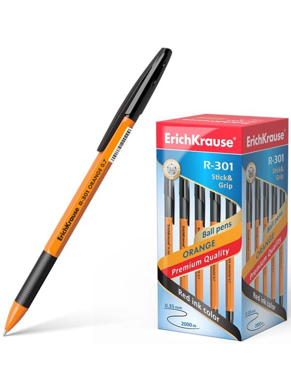 Ручка шариковая ErichKrause R-301 Orange Stick & Grip, узел 0.7 мм, стержень чёрный, резиновый упор, длина линии письма 1000 метров