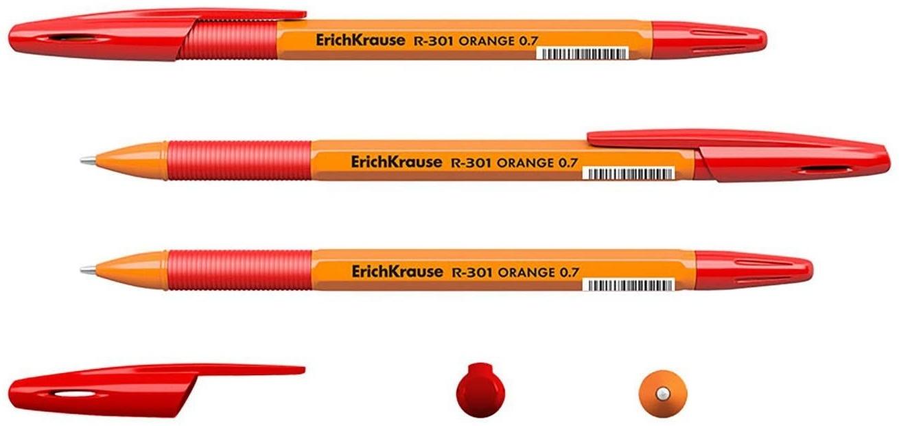 Ручка шариковая Erich Krause R-301 Orange Stick & Grip, узел 0.7 мм, чернила красные, резиновый упор, длина линии письма 1000 метров