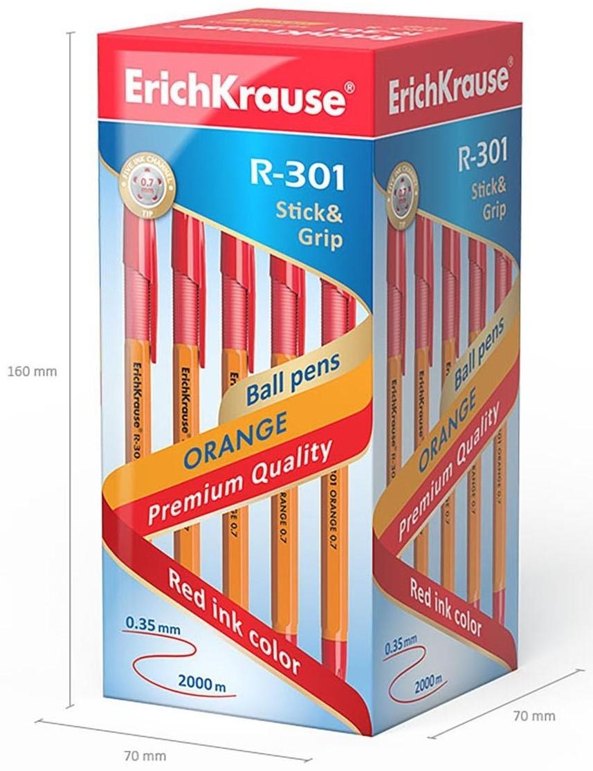 Ручка шариковая Erich Krause R-301 Orange Stick & Grip, узел 0.7 мм, чернила красные, резиновый упор, длина линии письма 1000 метров