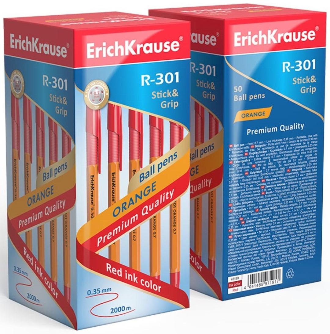 Ручка шариковая Erich Krause R-301 Orange Stick & Grip, узел 0.7 мм, чернила красные, резиновый упор, длина линии письма 1000 метров