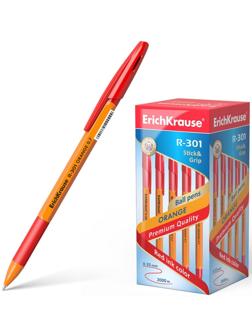 Ручка шариковая Erich Krause R-301 Orange Stick & Grip, узел 0.7 мм, чернила красные, резиновый упор, длина линии письма 1000 метров