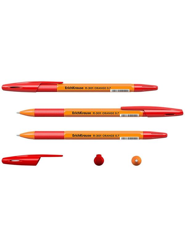 Ручка шариковая Erich Krause R-301 Orange Stick & Grip, узел 0.7 мм, чернила красные, резиновый упор, длина линии письма 1000 метров