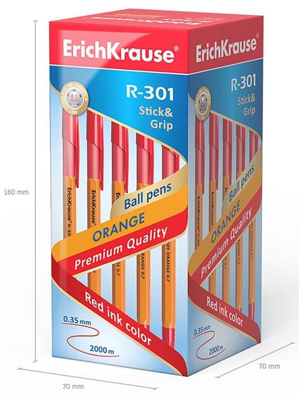 Ручка шариковая Erich Krause R-301 Orange Stick & Grip, узел 0.7 мм, чернила красные, резиновый упор, длина линии письма 1000 метров