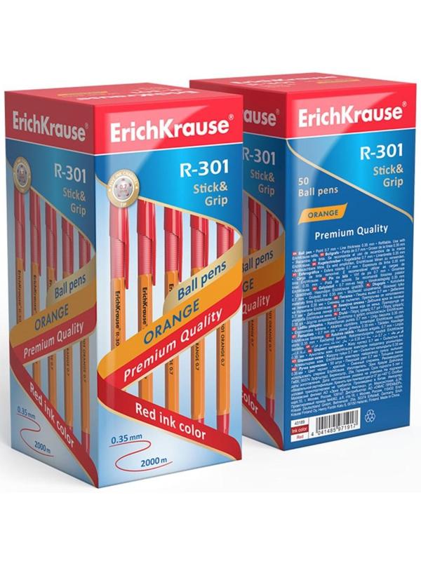 Ручка шариковая Erich Krause R-301 Orange Stick & Grip, узел 0.7 мм, чернила красные, резиновый упор, длина линии письма 1000 метров