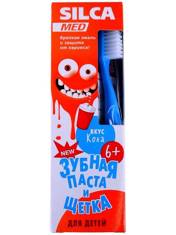 Зубная паста Silcamed со вкусом Колы, 65 г + зубная щетка 1 шт., набор