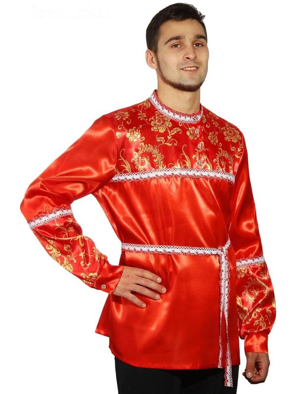 Русская мужская рубаха с кокеткой, цвет красный, р-р 48-50, рост 182 см