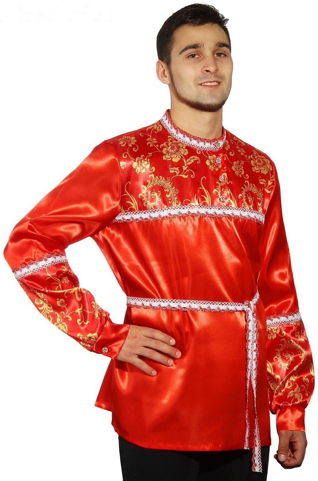 Русская мужская рубаха с кокеткой, цвет красный, р-р 56-58, рост 182 см
