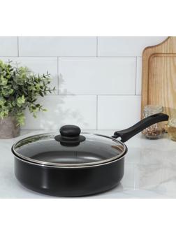 Сотейник Promo, 2,8 л, d=24 см, стеклянная крышка, пластиковая ручка, антипригарное покрытие, цвет чёрный