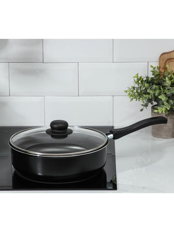 Сотейник Promo, 2,8 л, d=24 см, стеклянная крышка, пластиковая ручка, антипригарное покрытие, цвет чёрный