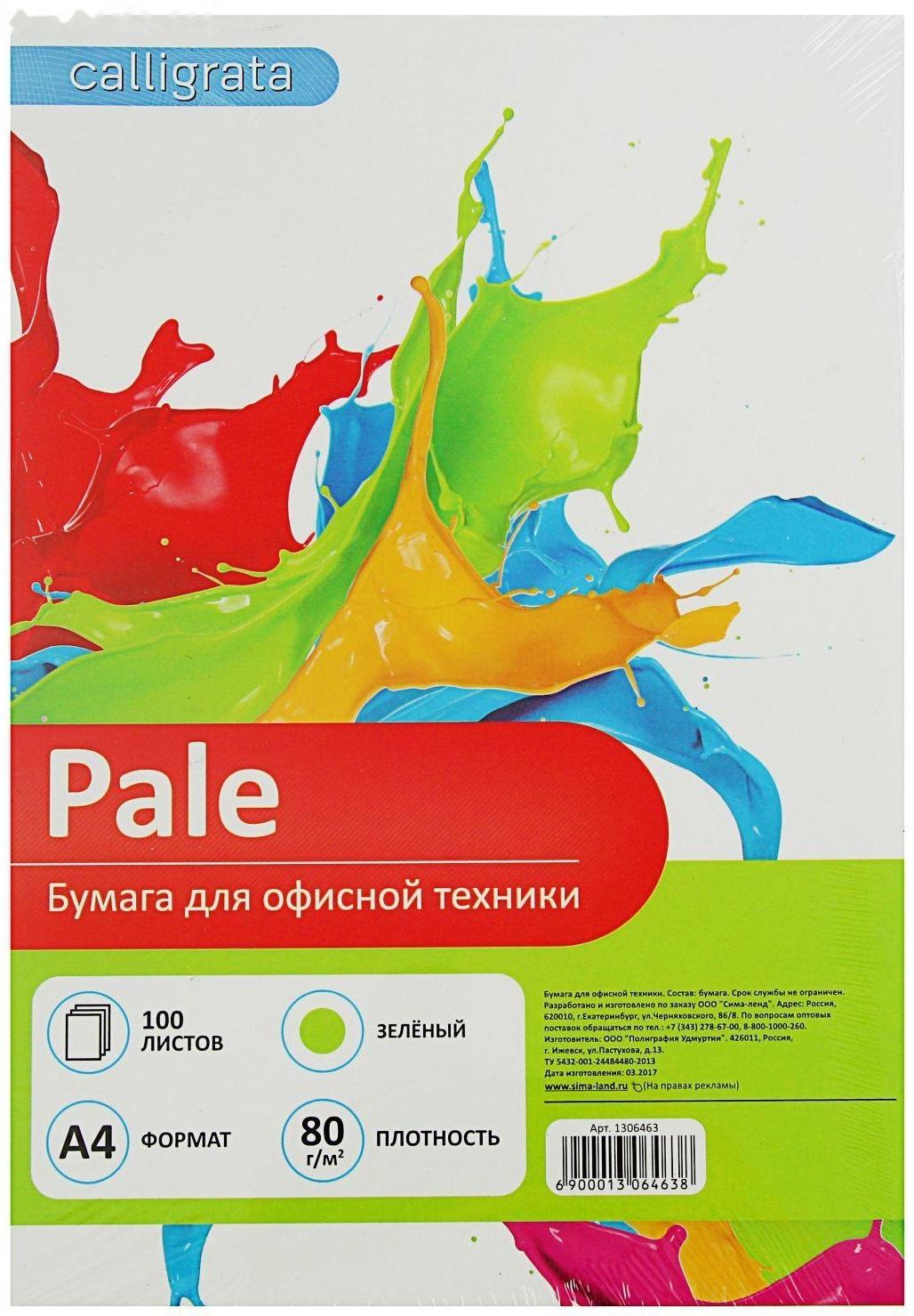 Бумага цветная А4, 100 листов Calligrata Пастель, зелёная, 80 г/м²