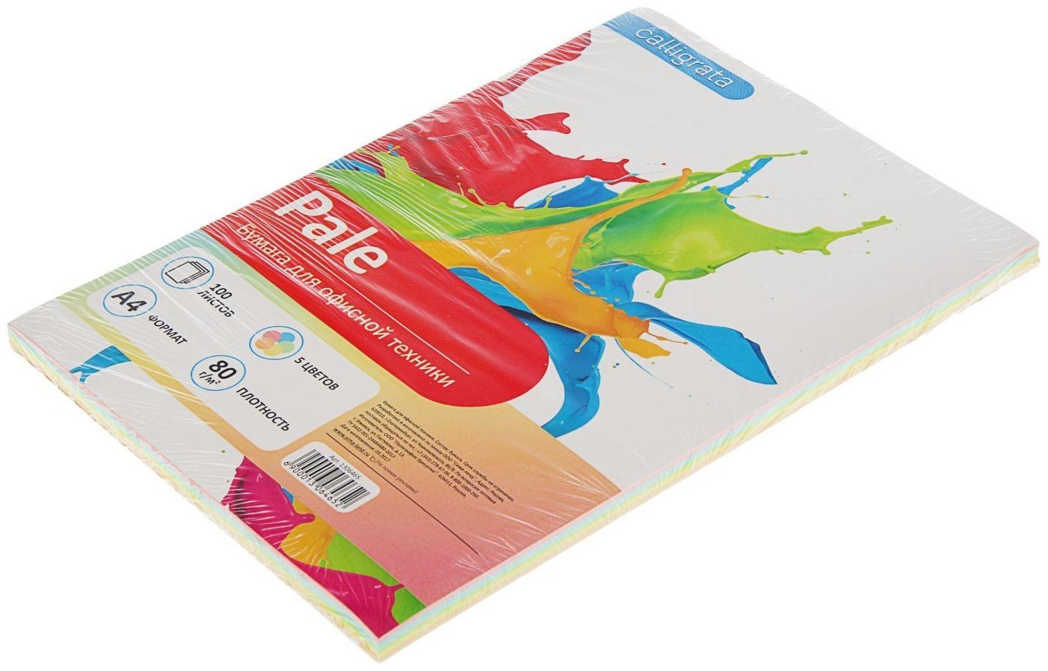 Бумага цветная А4, 100 листов Calligrata Пастель, 5 цветов, 80 г/м