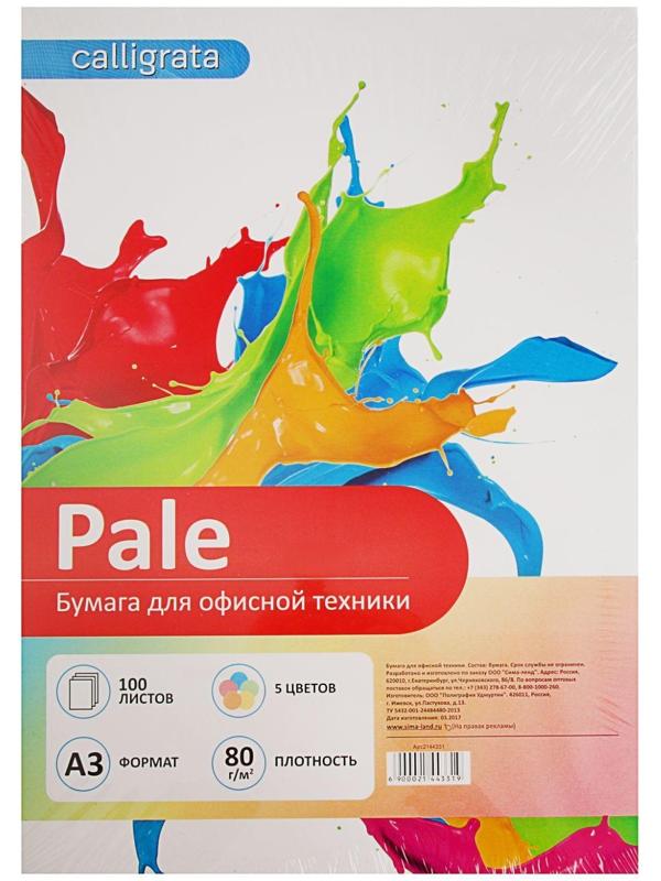Бумага цветная А3, 100 листов Calligrata Пастель, 5 цветов, 80 г/м²