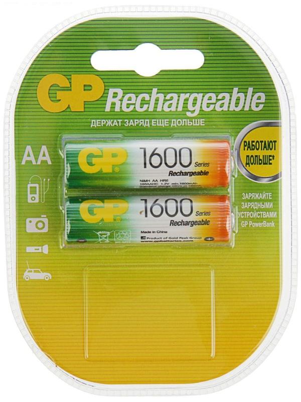 Аккумулятор GP, Ni-Mh, AA, HR6-2BL, 1.2В, 1600 мАч, блистер, 2 шт.