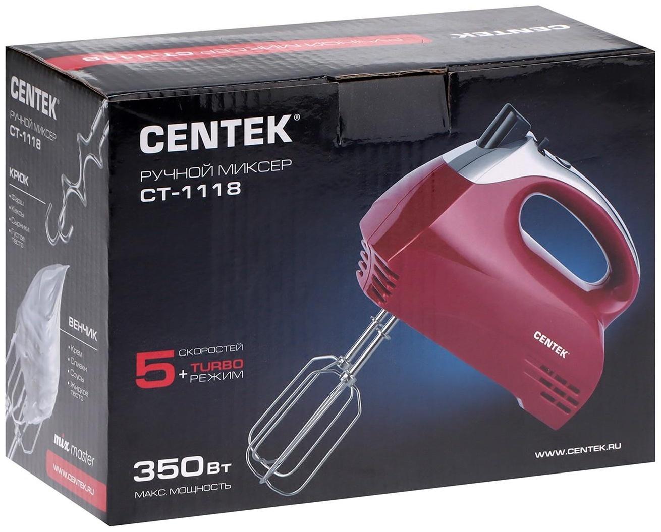 Миксер Centek CT-1118, ручной, 350 Вт, 5 скоростей, 4 насадки, красный