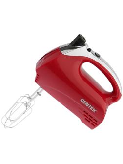 Миксер Centek CT-1118, ручной, 350 Вт, 5 скоростей, 4 насадки, красный
