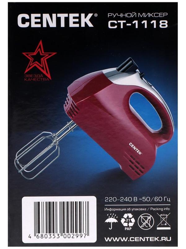 Миксер Centek CT-1118, ручной, 350 Вт, 5 скоростей, 4 насадки, красный