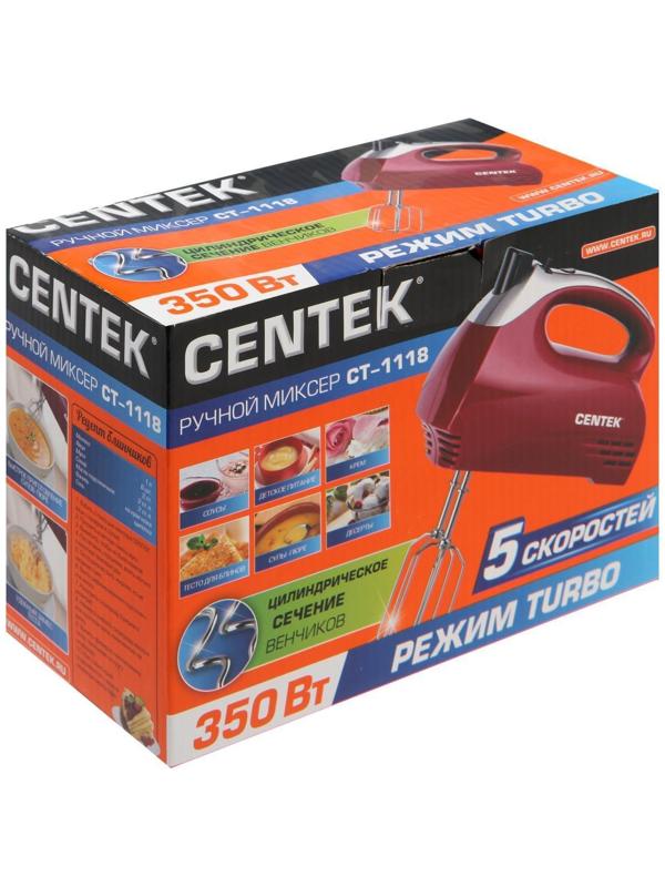 Миксер Centek CT-1118, ручной, 350 Вт, 5 скоростей, 4 насадки, красный
