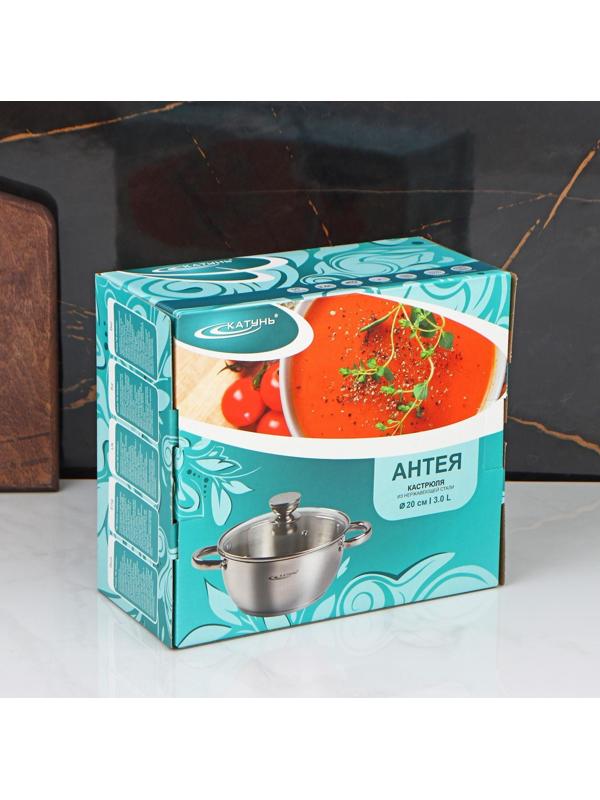 Кастрюля «Антея», 3 л, d=20 см, капсульное дно, стеклянная крышка, цвет хромированный