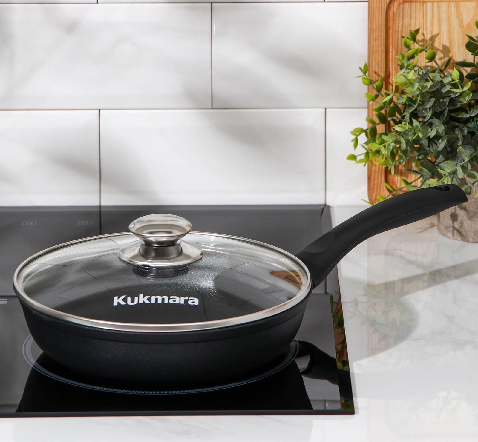 Сковорода «Традиция», d=22 см, пластиковая ручка, стеклянная крышка, утолщённое дно, антипригарное покрытие, цвет чёрный