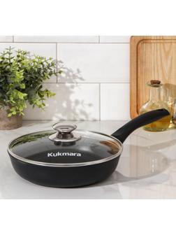 Сковорода «Традиция», d=22 см, пластиковая ручка, стеклянная крышка, утолщённое дно, антипригарное покрытие, цвет чёрный