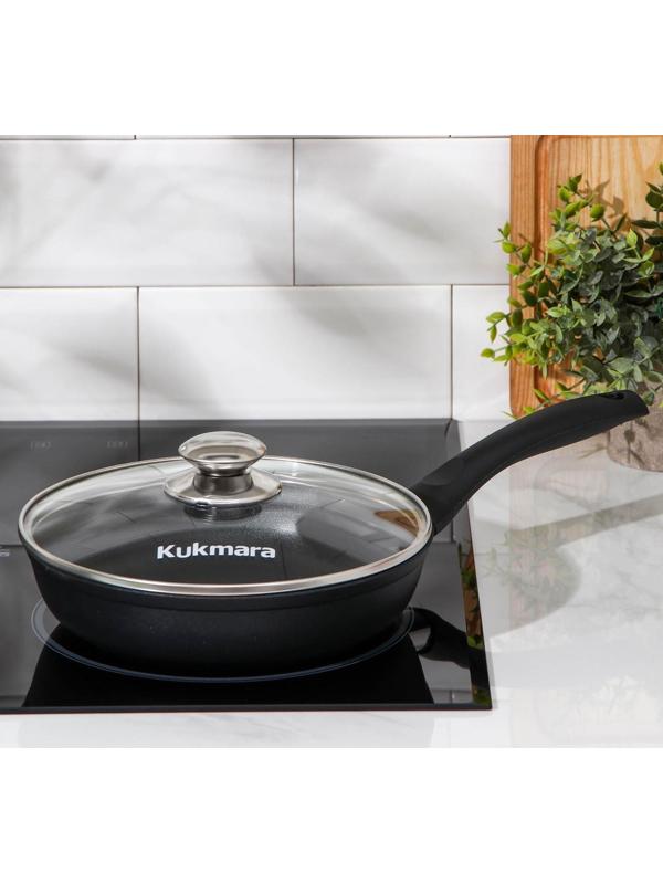 Сковорода «Традиция», d=22 см, пластиковая ручка, стеклянная крышка, утолщённое дно, антипригарное покрытие, цвет чёрный