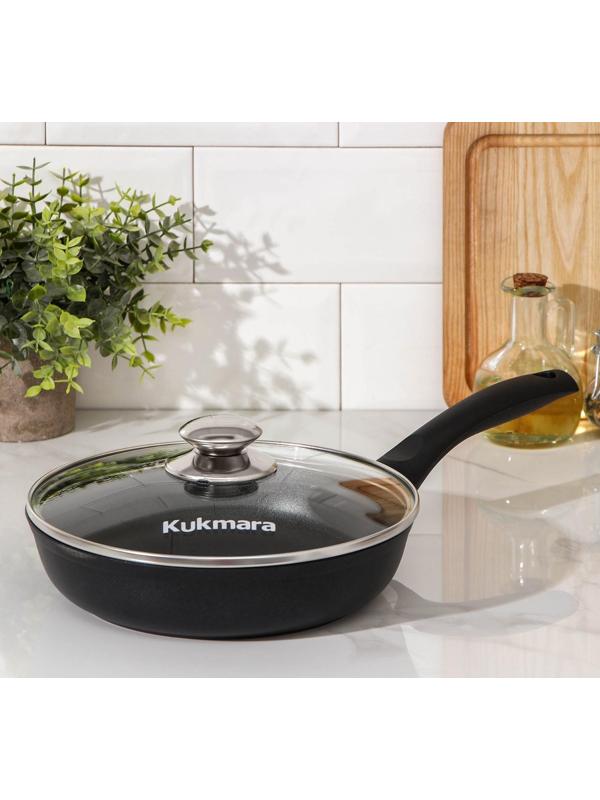 Сковорода «Традиция», d=22 см, пластиковая ручка, стеклянная крышка, утолщённое дно, антипригарное покрытие, цвет чёрный