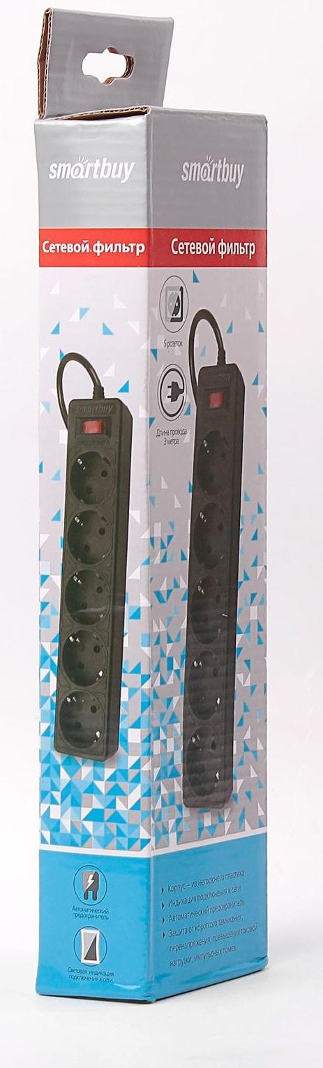 Сетевой фильтр Smartbuy One, 5 розеток, 3 м, 10 А, 2200 Вт, с з/к, черный