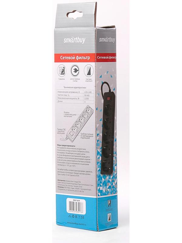 Сетевой фильтр Smartbuy One, 5 розеток, 3 м, 10 А, 2200 Вт, с з/к, черный